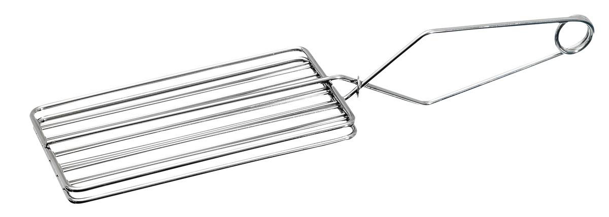 Ein Metall-Grillkorb mit rechteckigem Rost und einem langen Griff mit Ring.