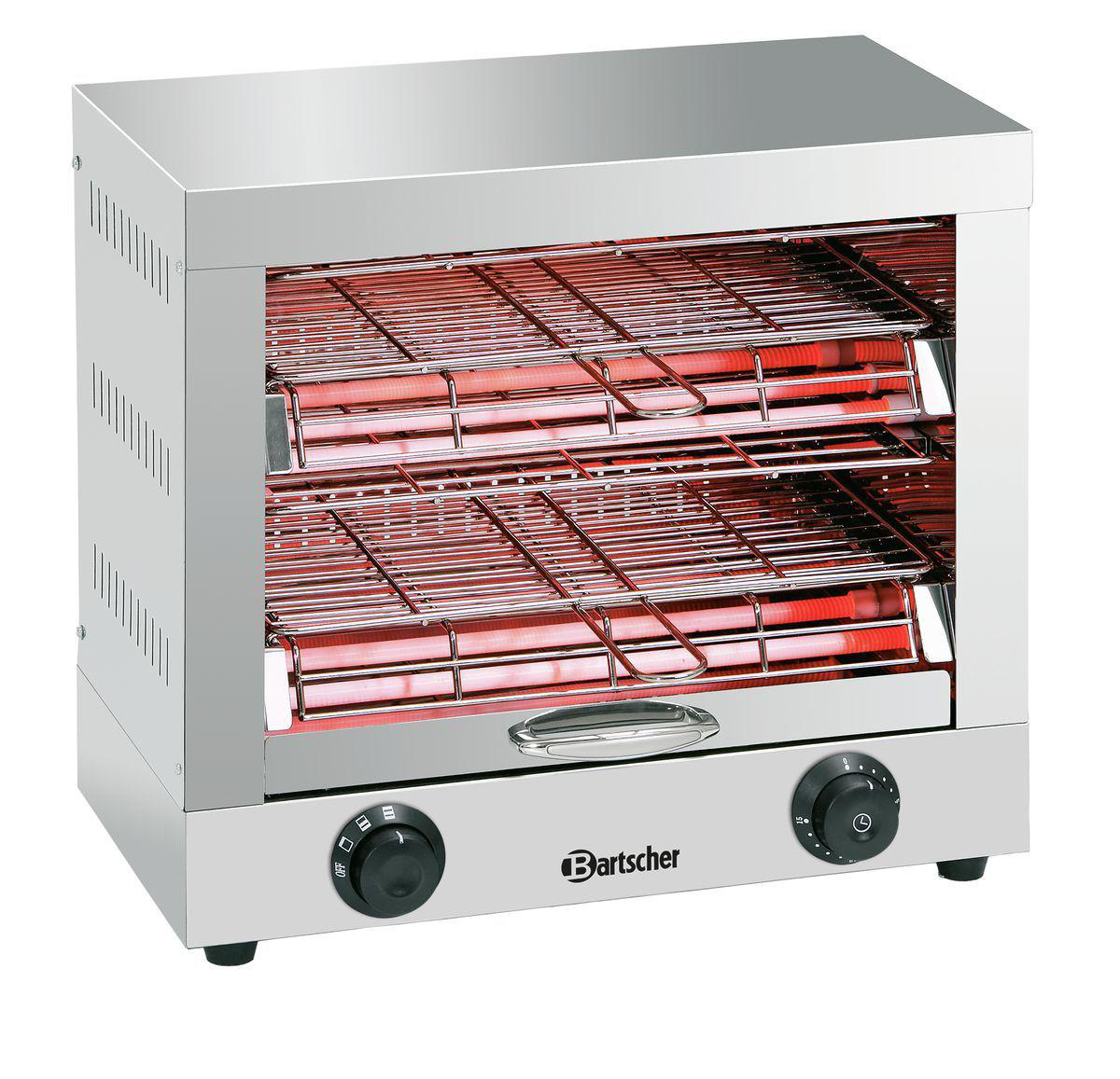 Ein Edelstahl-Bartscher-Toaster mit zwei Heizelementen. Knöpfe zur Steuerung befinden sich auf der Vorderseite.