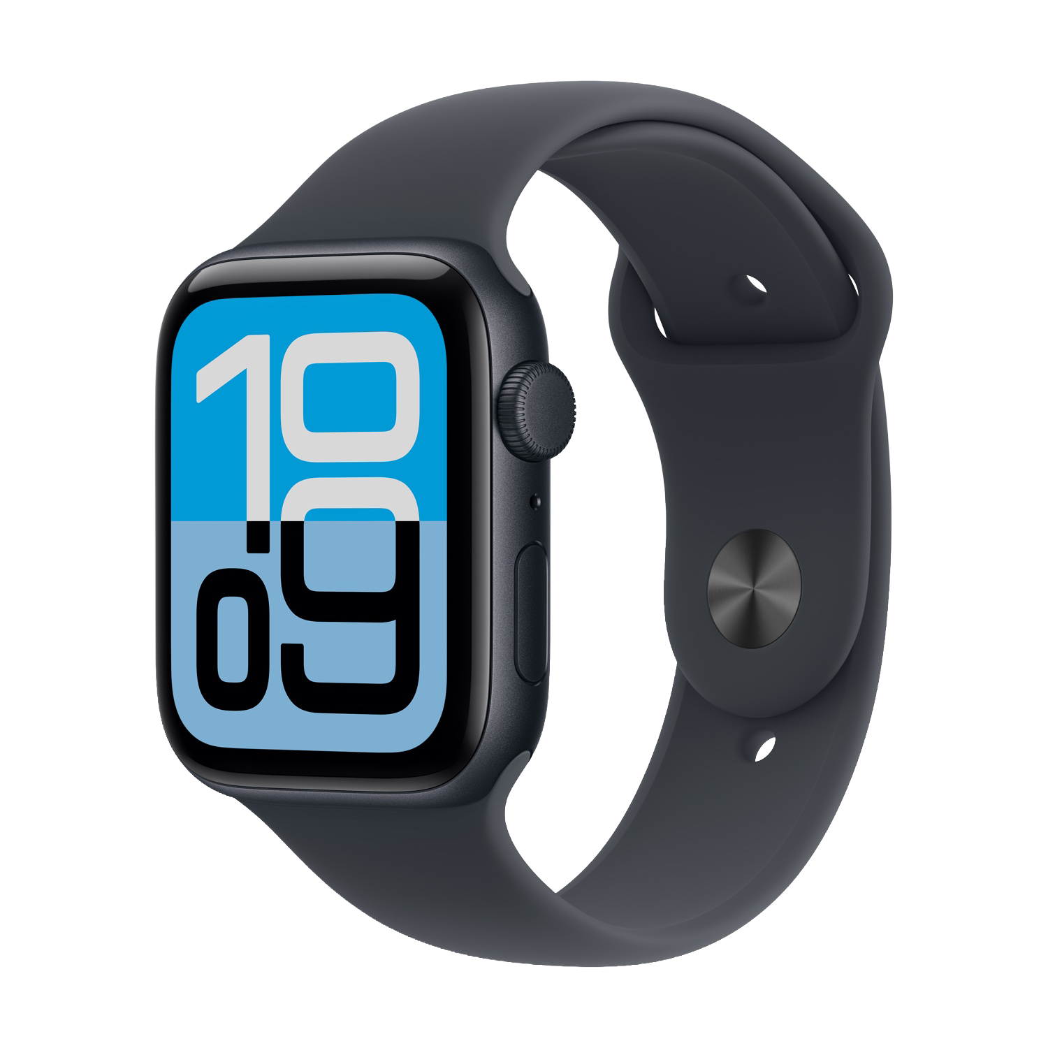 Un Apple Watch blu scuro mostra l'ora 10:09. L'orologio ha un cinturino blu scuro. Lo sfondo è bianco.