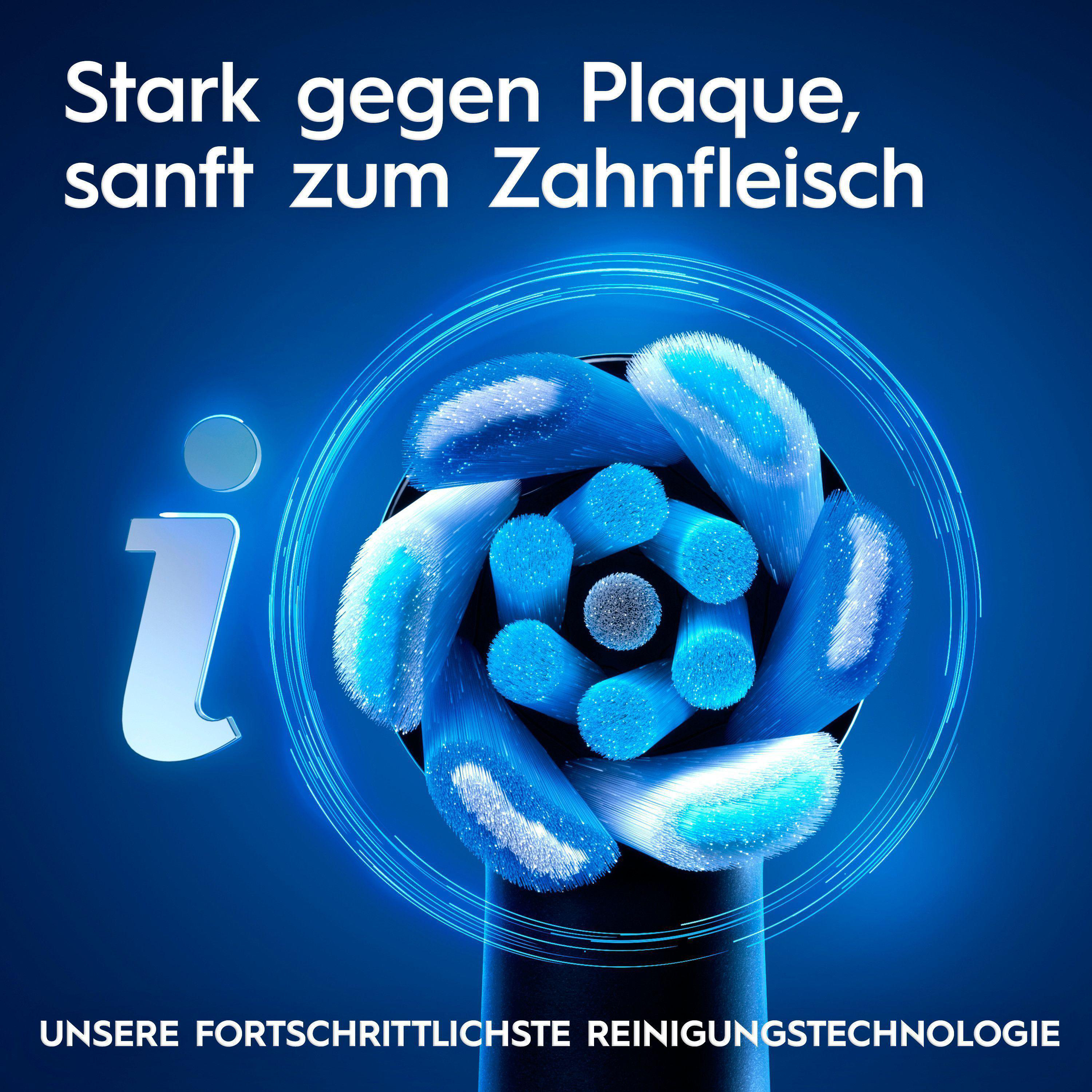 Das Bild zeigt einen Zahnbürstenkopf mit blauen Borsten, Text sagt: 'Stark gegen Plaque, sanft zum Zahnfleisch'.
