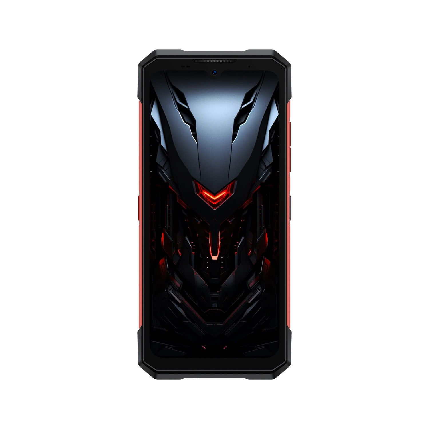 Uno smartphone con schermo nero che mostra un design futuristico con accenti rossi e neri. Il telefono ha i lati arancioni e una cornice nera.