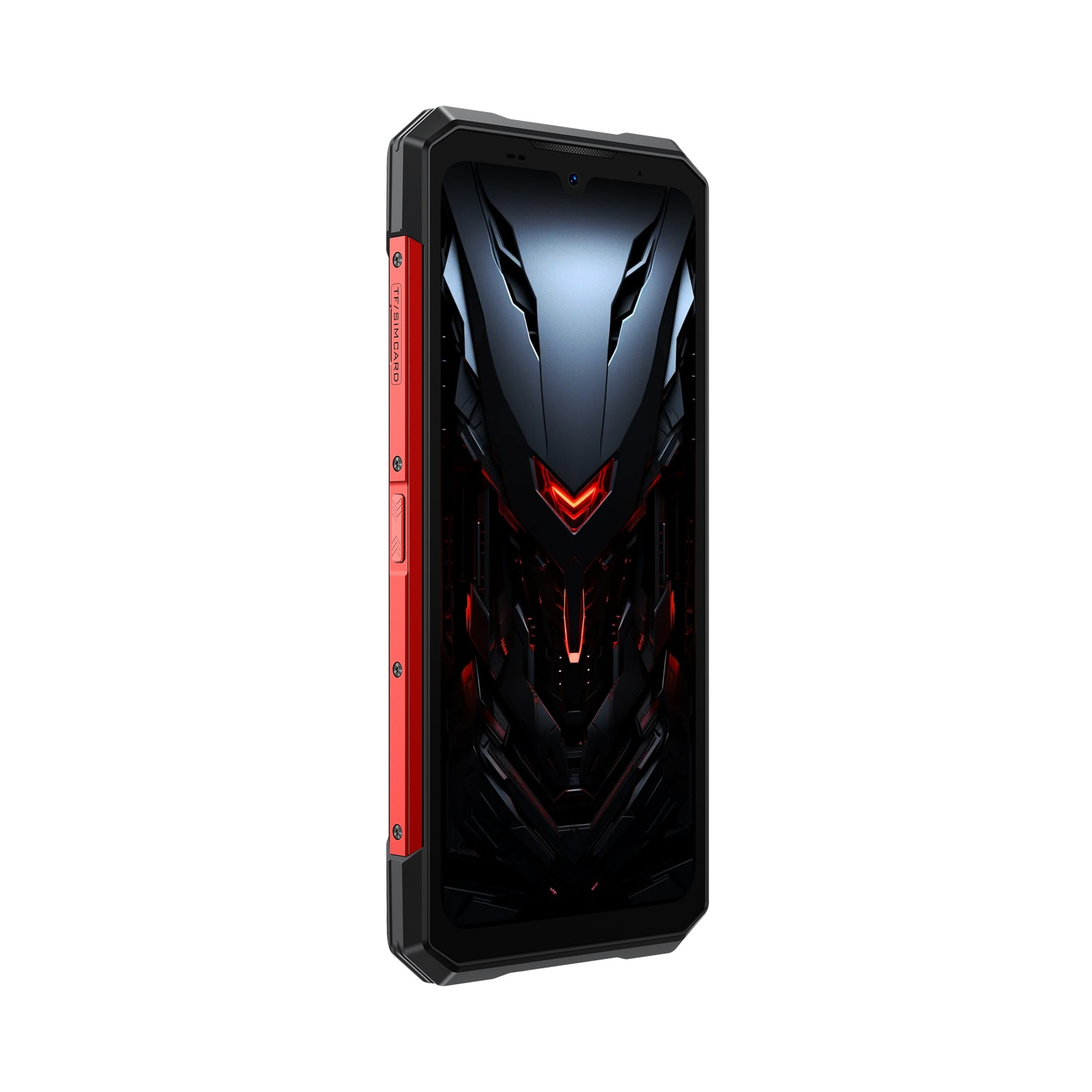 Viene visualizzato uno smartphone nero e rosso. Lo schermo ha un design futuristico. Il lato presenta dettagli rossi. Lo sfondo è bianco.