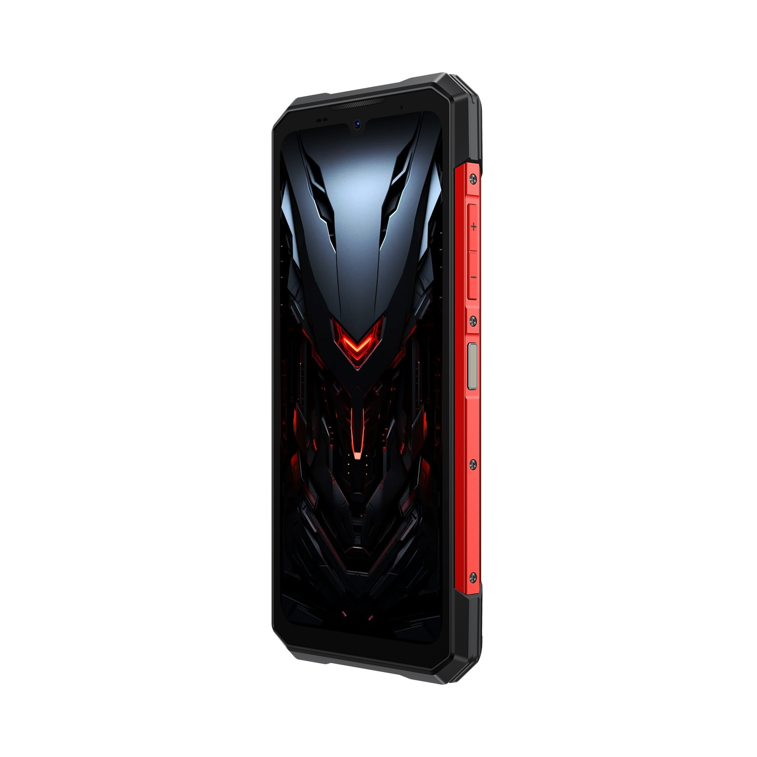 È visualizzato uno smartphone nero e rosso. Lo schermo ha un design futuristico. I pulsanti laterali e la cornice sono rossi. Lo sfondo è bianco.