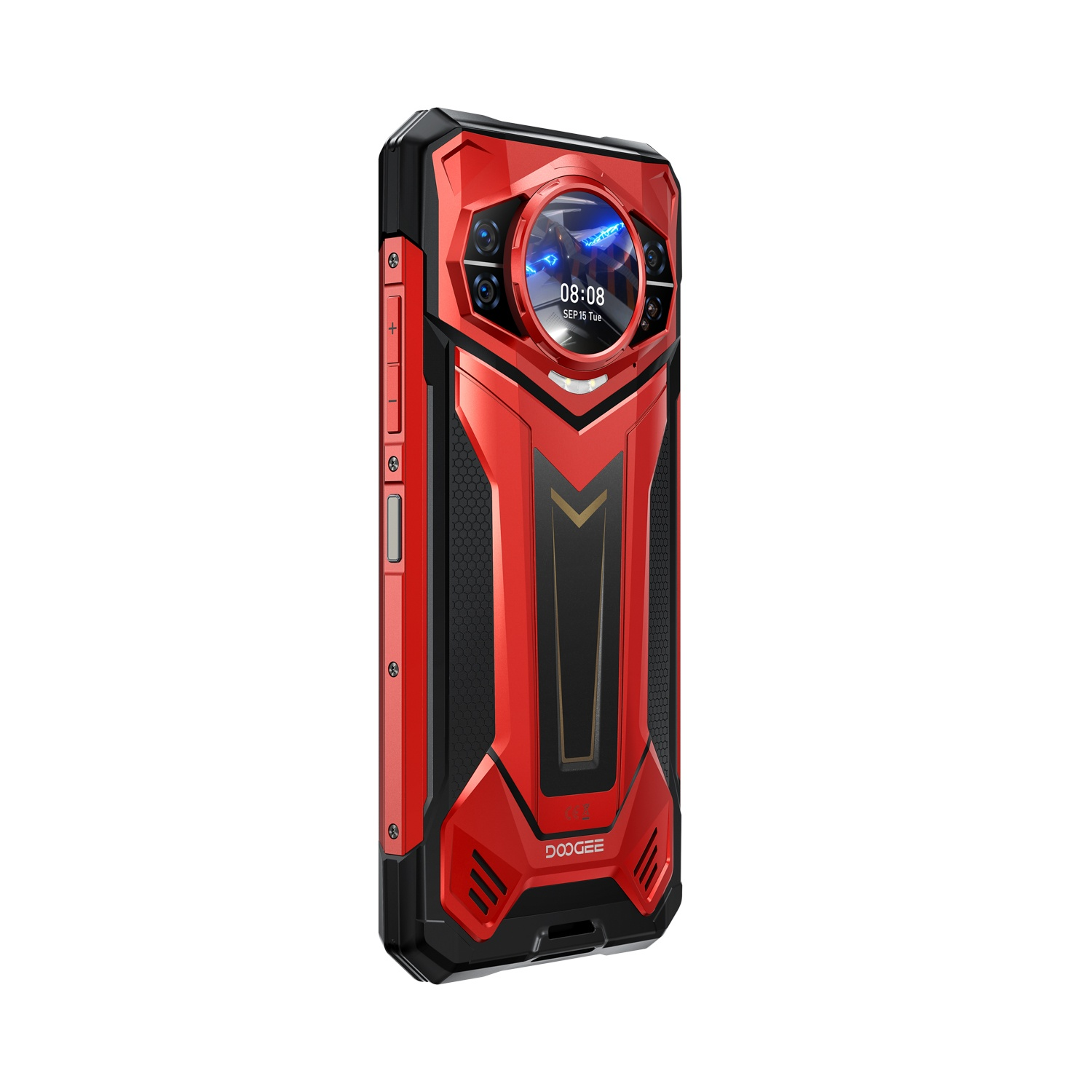 Smartphone robusto rosso e nero, con un ampio modulo fotocamera. Lo schermo mostra l'ora. Il telefono ha il logo Doogee.
