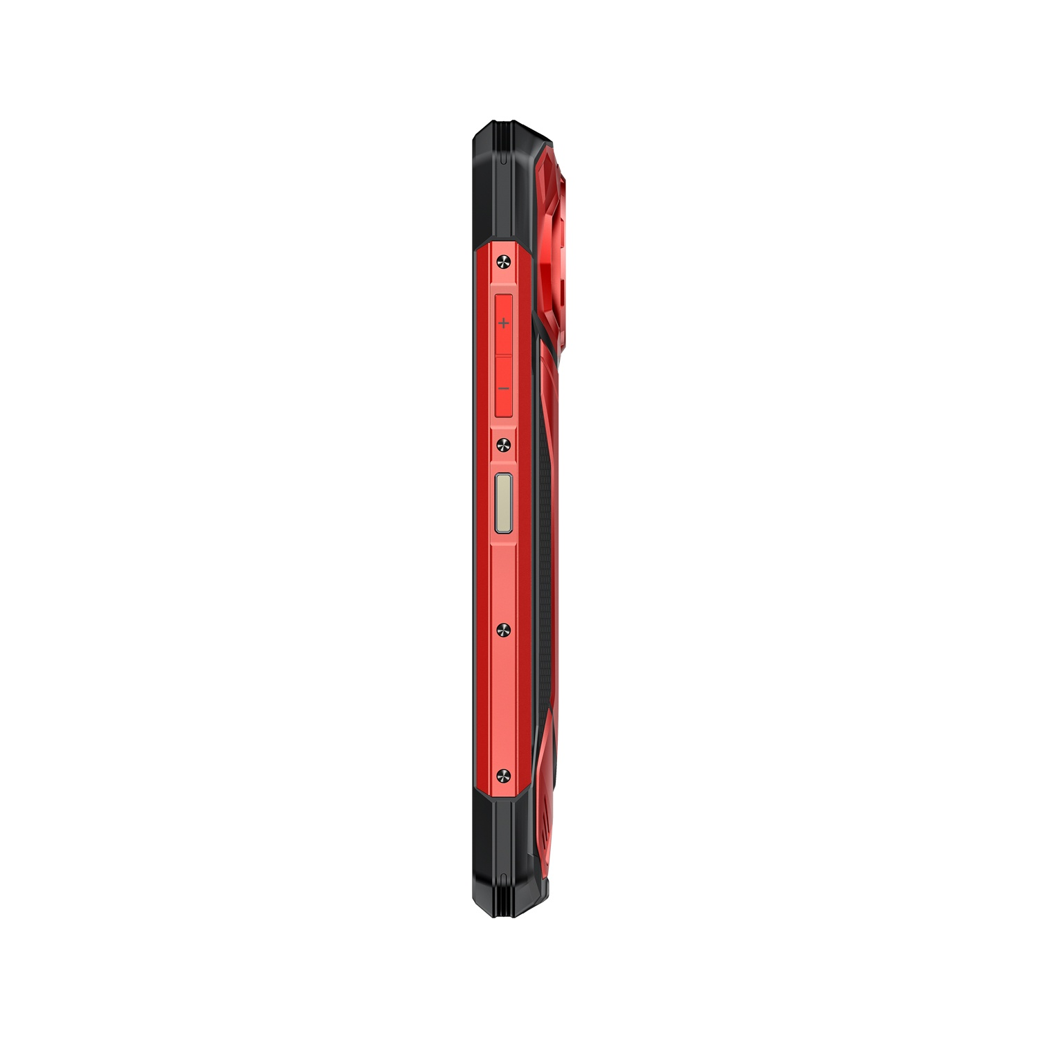 Vista laterale di una custodia per telefono rossa e nera con pulsanti e un foro per la fotocamera. La custodia è leggermente inclinata verso destra.