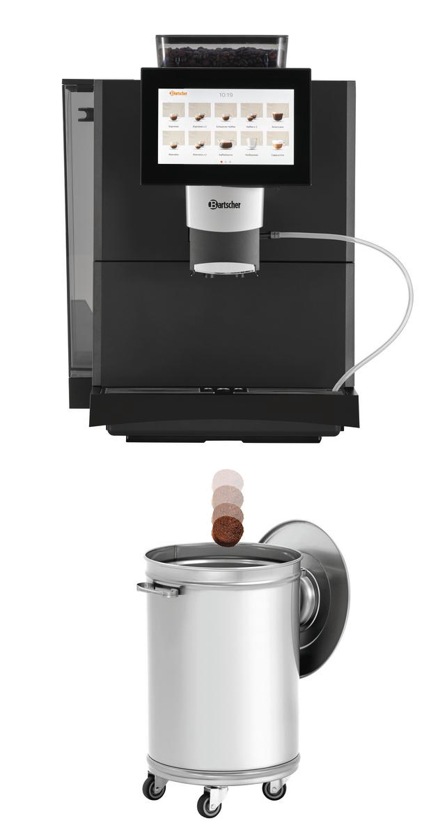 Eine schwarze Kaffeemaschine mit Touchscreen, Kaffeebohnenbehälter und einem silbernen Mülleimer.