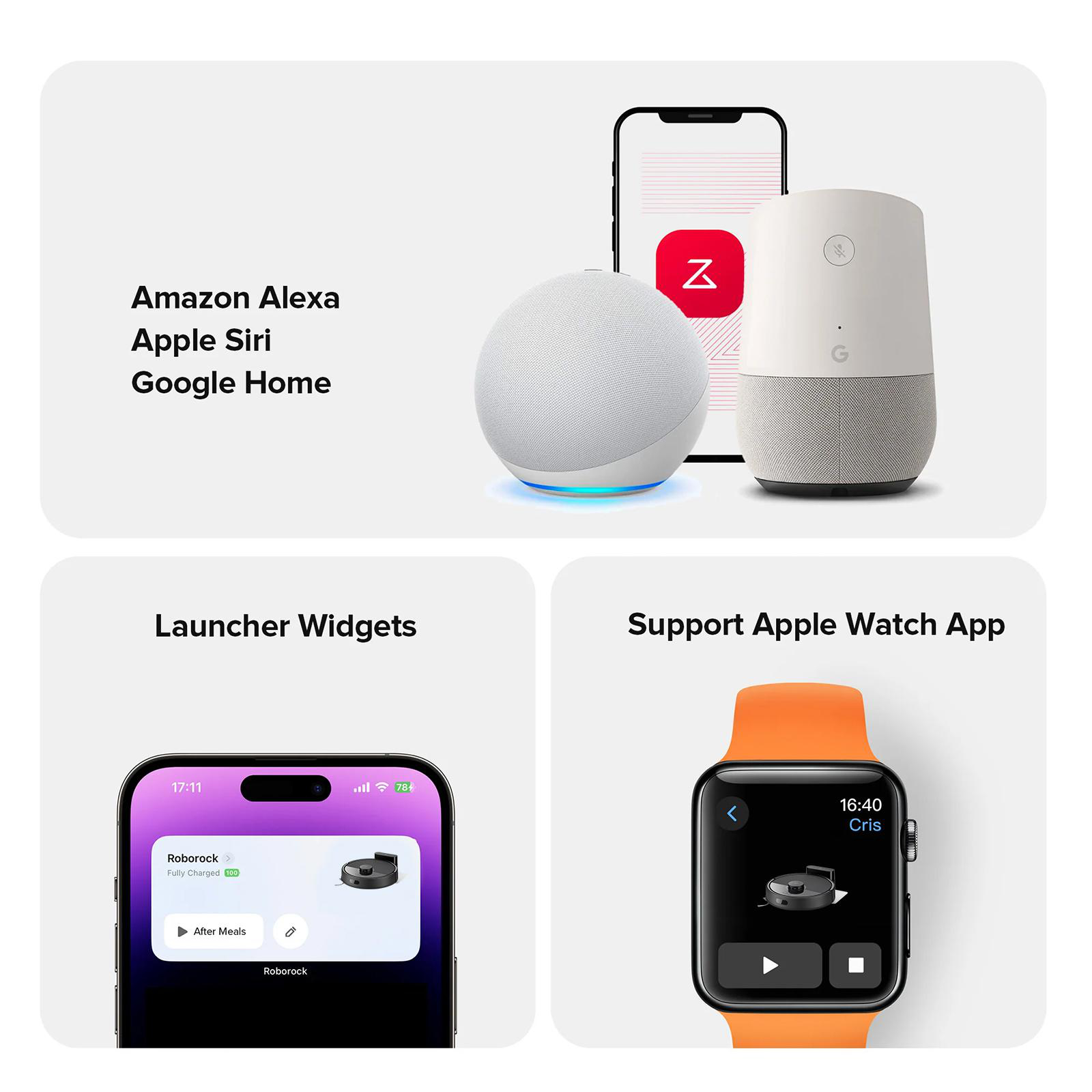 Das Bild zeigt Smart-Home-Geräte und Anzeigen von Telefonen und Smartwatches, einschließlich Alexa, Siri und Google Home.