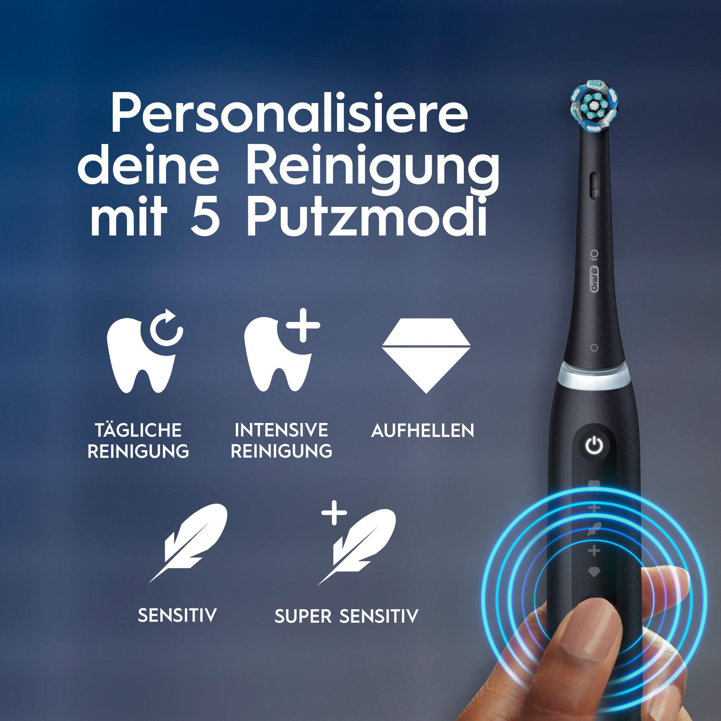 Das Bild zeigt eine elektrische Zahnbürste mit verschiedenen Reinigungsmodi. Der Text lautet: 'Personalisieren Sie Ihre Reinigung mit 5 Modi'.
