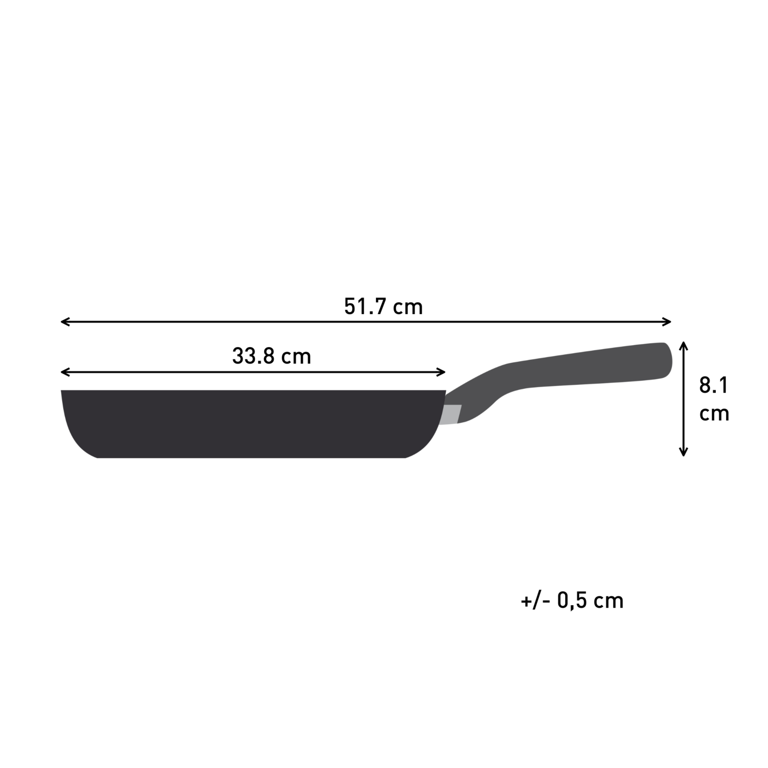Una sartén negra con asa, dimensionada. La sartén mide 51,7 cm de largo y 8,1 cm de alto.