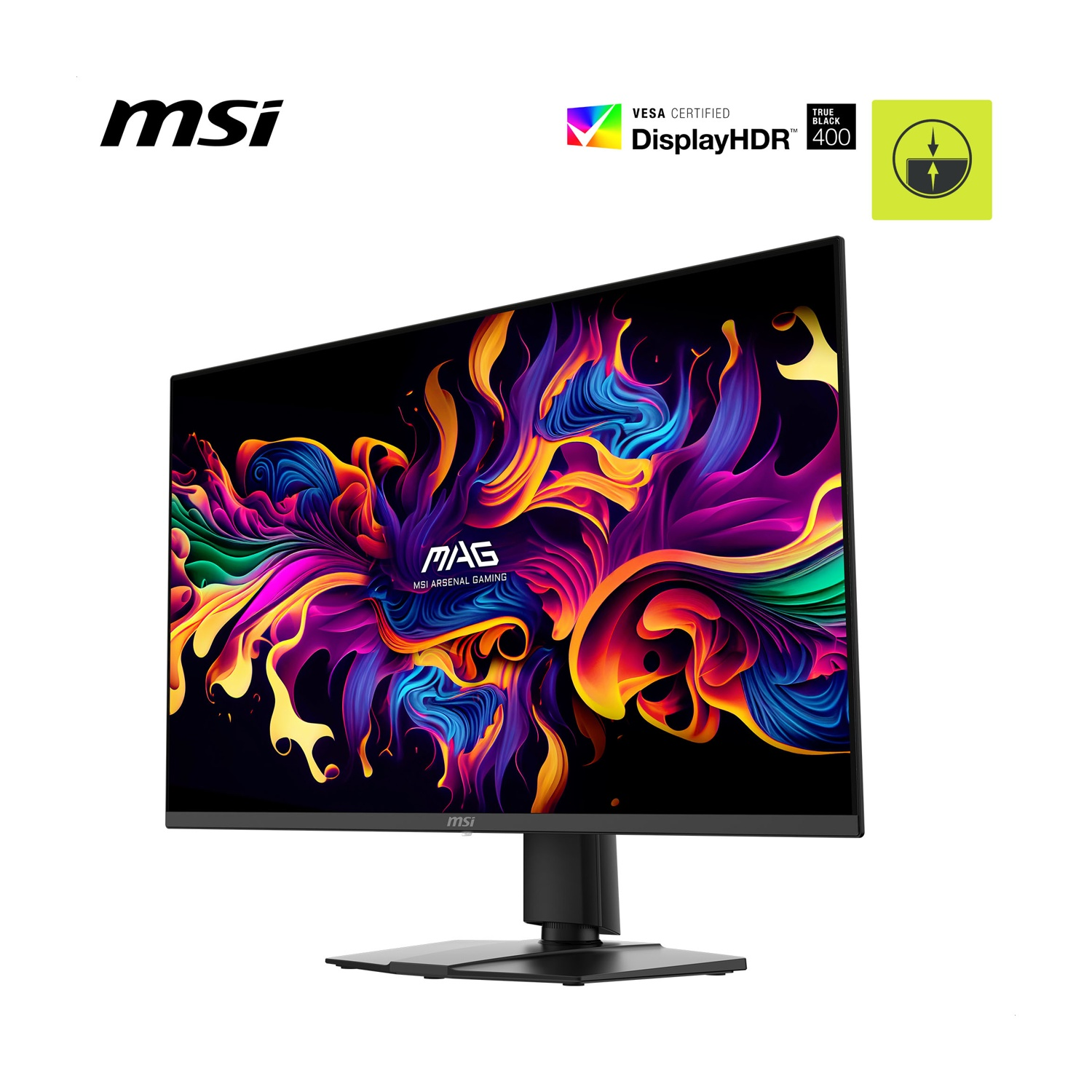 Monitor MSI. Display con arte astratta colorata. Cornice nera, supporto nero. Loghi DisplayHDR, True Black e MSI visibili.