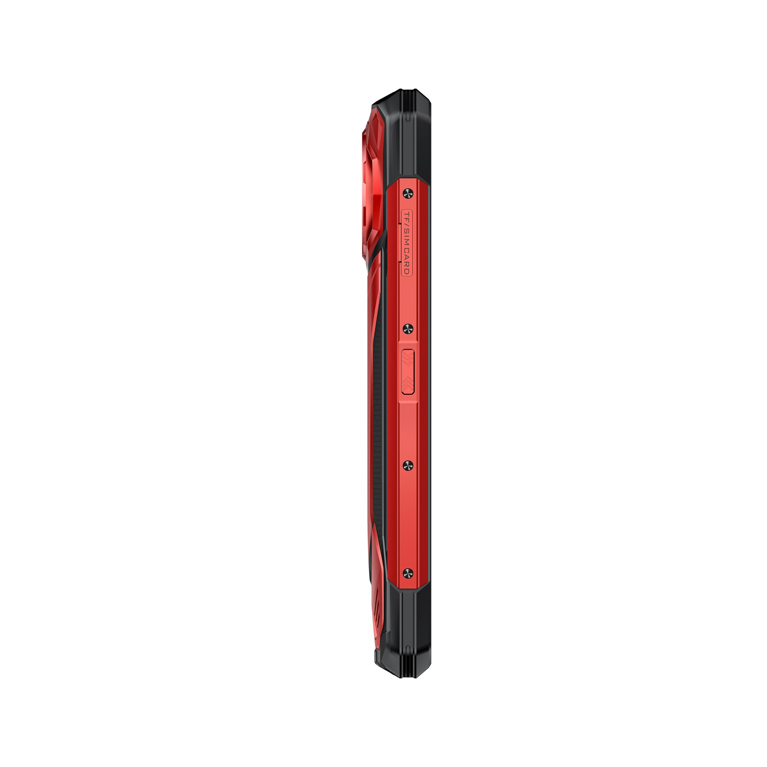 Vista laterale di uno smartphone robusto rosso e nero, con pulsanti, slot SIM e design strutturato. Su sfondo bianco.