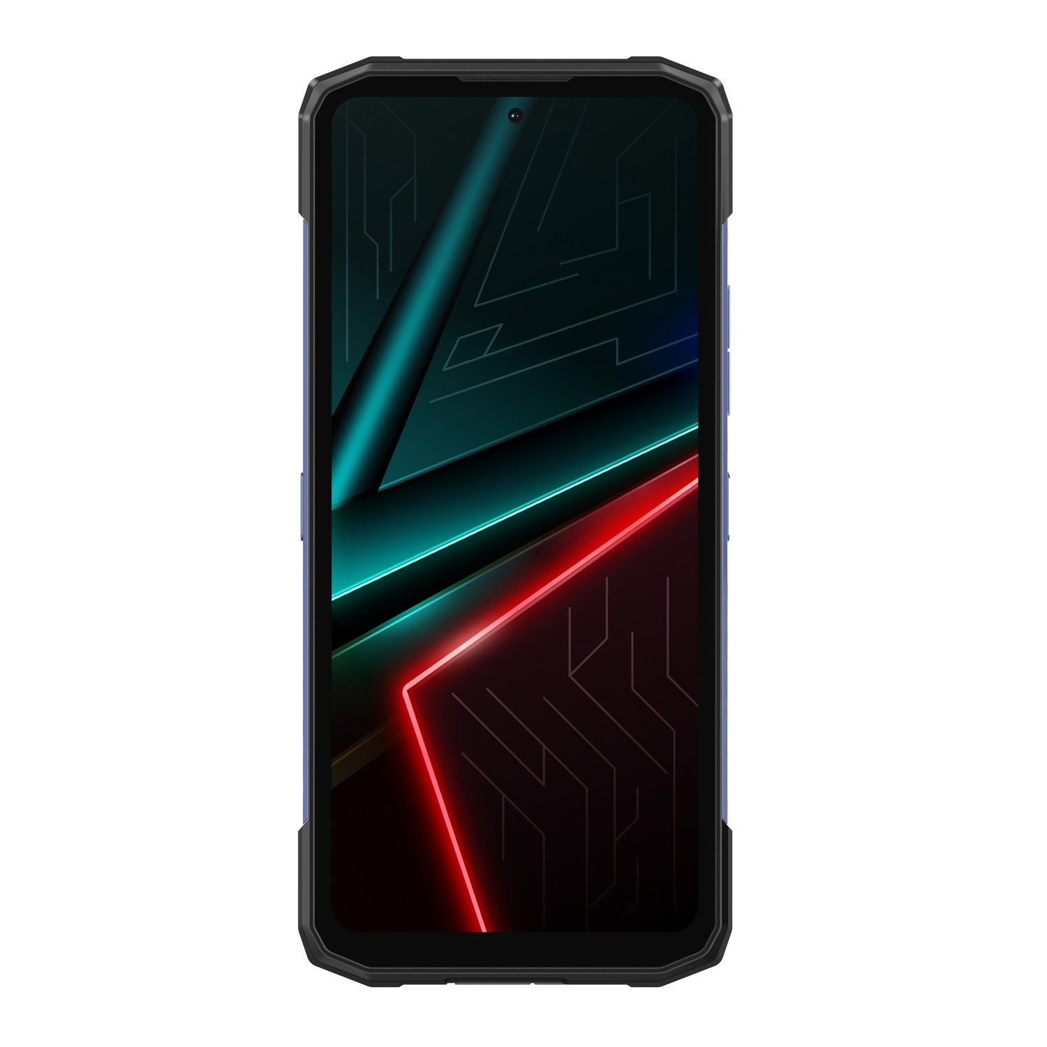 Uno smartphone con un design dello schermo nero, blu e rosso. Il telefono ha un bordo nero e uno schermo con un design colorato.