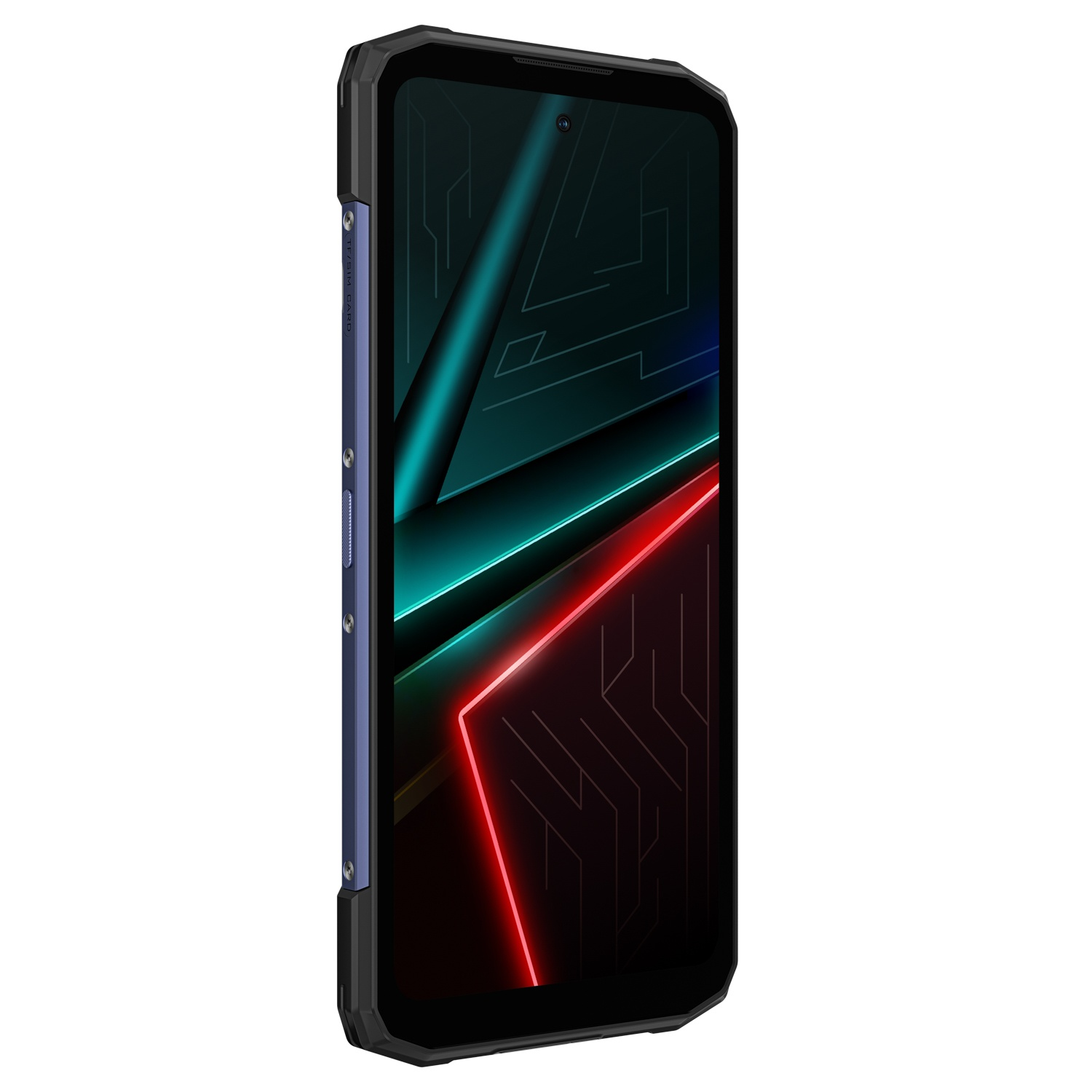 Uno smartphone robusto con una custodia nera e blu. Lo schermo mostra un design al neon con linee rosse e verde acqua. Il telefono è angolato.