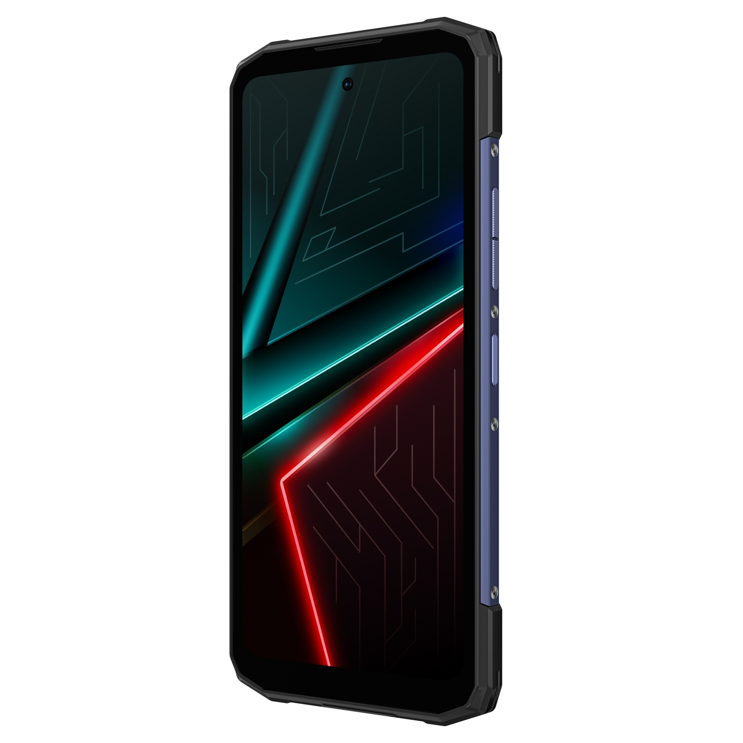 Uno smartphone robusto con un design nero e blu. Lo schermo mostra un motivo geometrico con linee al neon rosse e verde acqua.