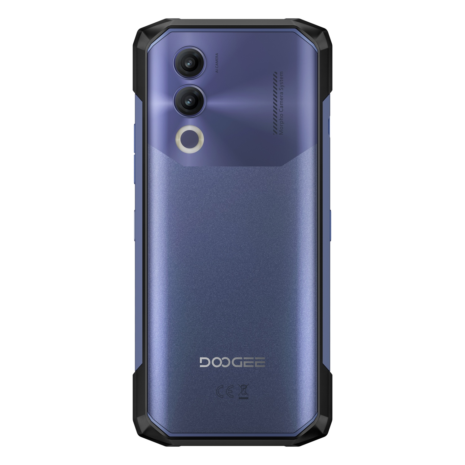 Retro smartphone blu. Fotocamera, flash e marchio. Cornice nera. Superficie strutturata. Logo DOOGEE.