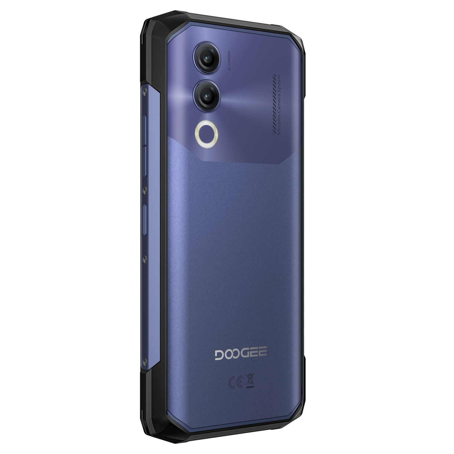 Uno smartphone blu con cornice nera. Ha un sistema di fotocamere e il logo Doogee. Il telefono è inclinato a destra.