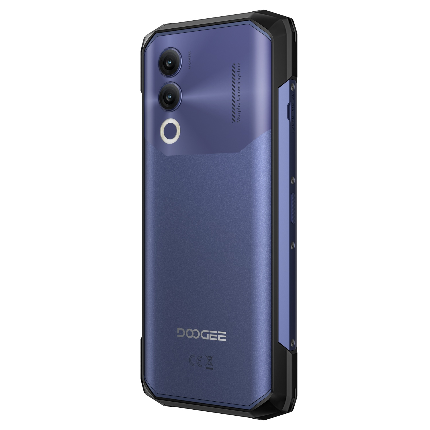 Retro di smartphone blu. Tripla fotocamera, flash e marchio visibili. Cornice protettiva nera attorno al telefono.