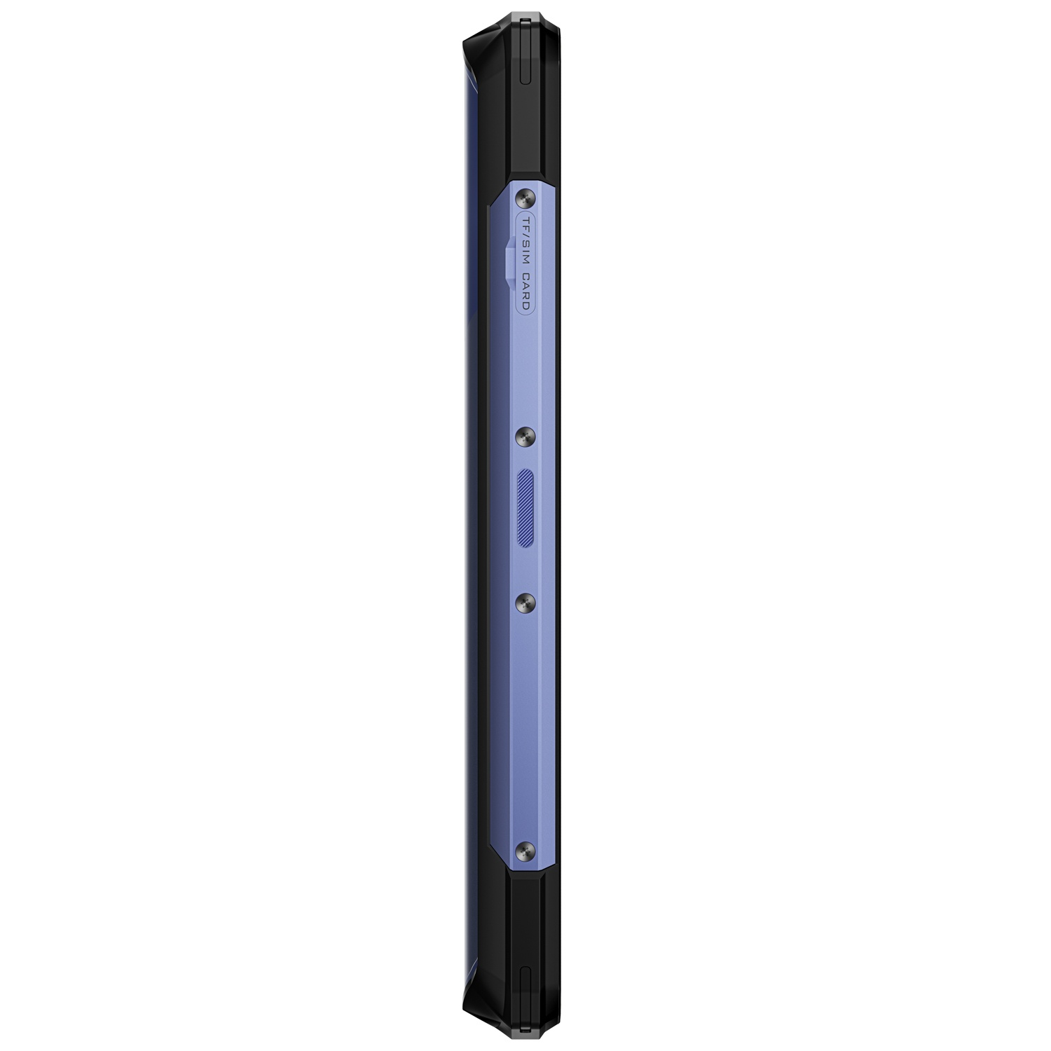 Primo piano di uno smartphone robusto. È nero e blu con uno slot per scheda TF/SIM e pulsanti laterali. Il telefono è verticale.