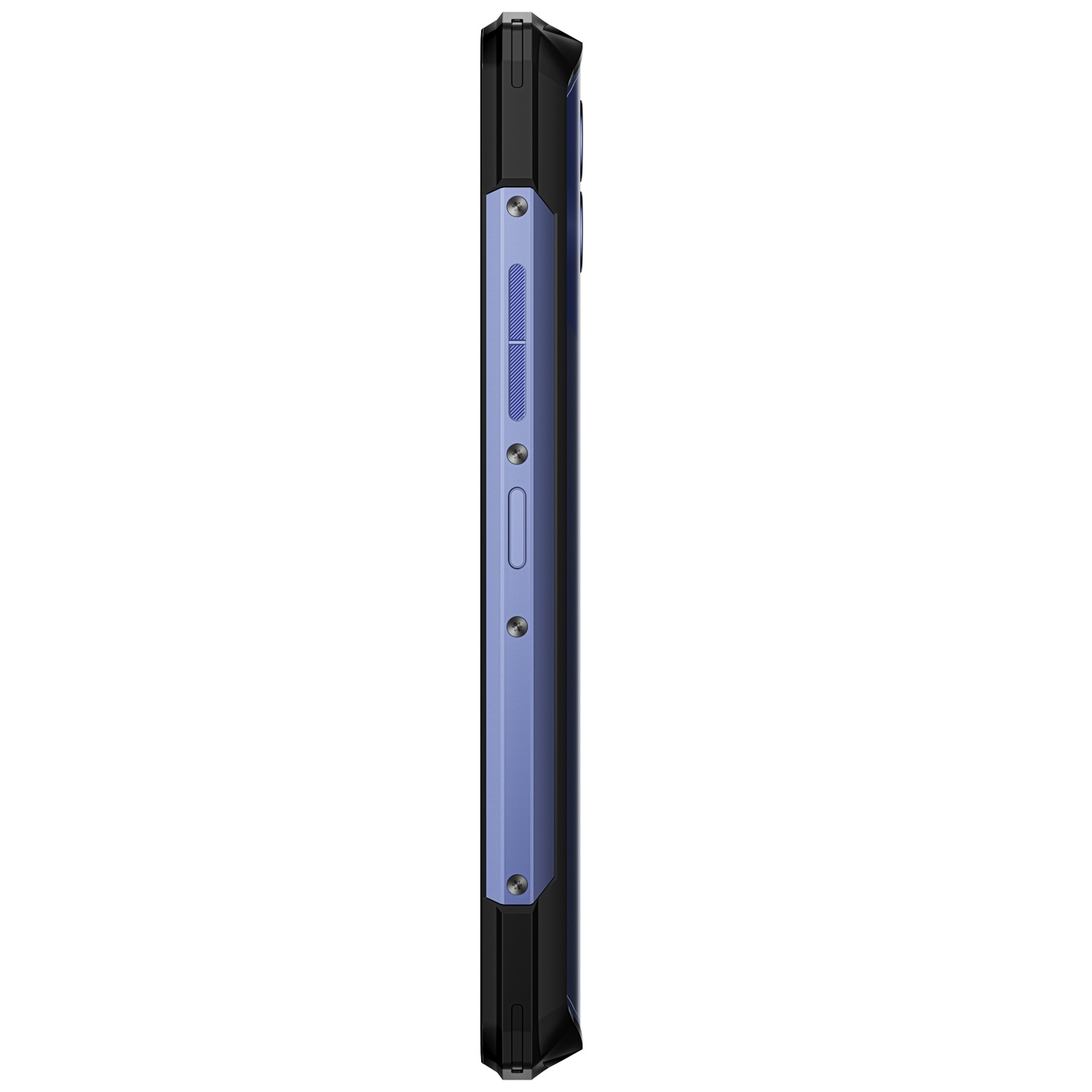 Vista laterale di uno smartphone blu e nero. Presenta pulsanti del volume e di accensione sul lato.