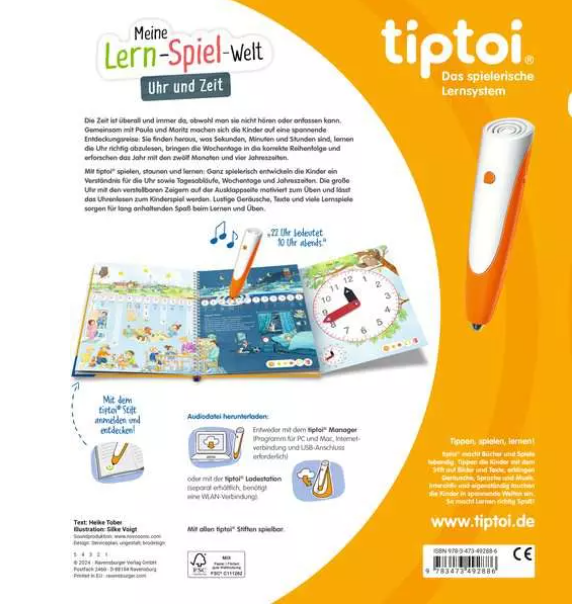 Buch mit Uhr, Stift und Illustrationen. Text auf Deutsch. Oranger Stift rechts.