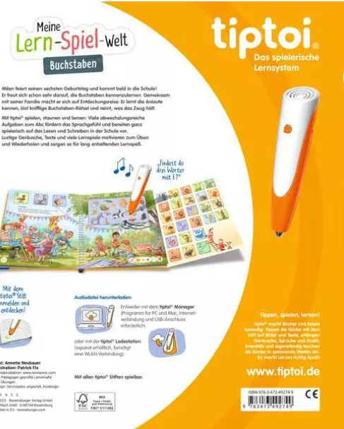 Buch mit Illustrationen und einem digitalen Stift. Das Cover hat Text, der Stift ist orange und weiß.