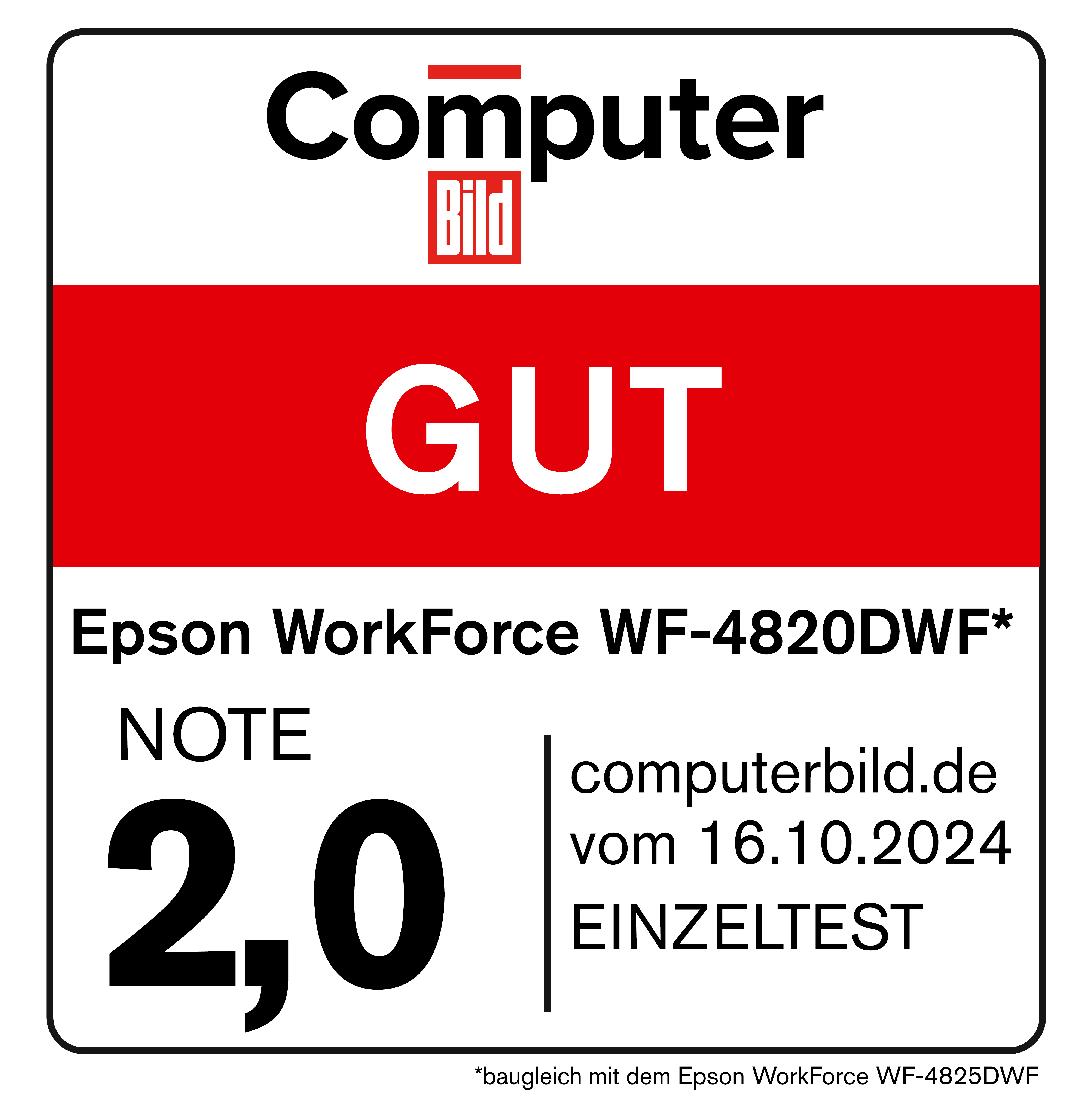 L'immagine è una recensione di Computer Bild. Ha una sezione rossa con 'GUT', un punteggio di 2,0 e dettagli della stampante Epson.