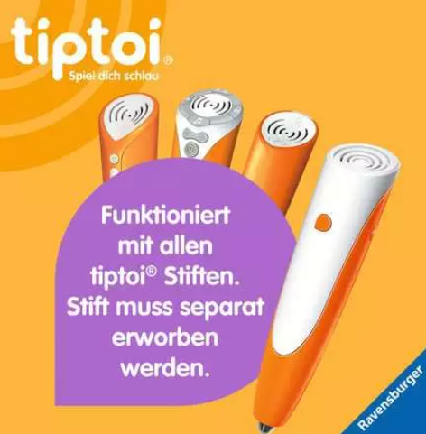 Das Bild zeigt einen weißen und orangefarbenen tiptoi-Stift mit anderen Stiften im Hintergrund. Eine lila Sprechblase enthält Text.
