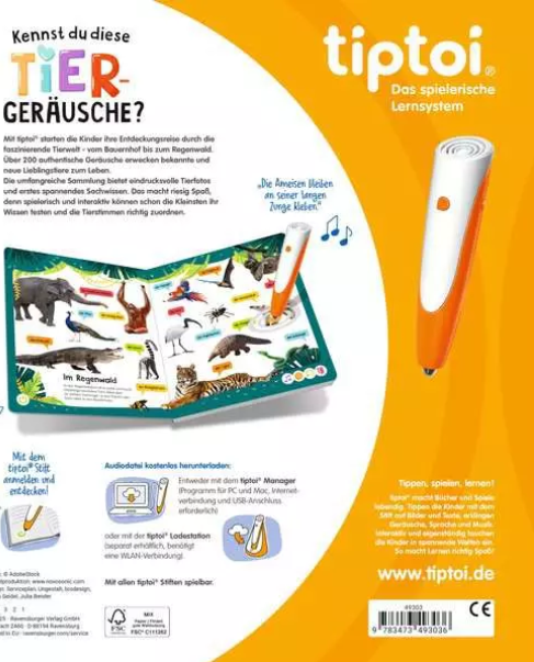 Ein orange-weißer tiptoi-Stift zeigt auf ein offenes Buch mit Tierillustrationen.