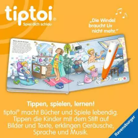 Illustriertes Buch mit Stift auf orangem Hintergrund. Szenen zeigen Kinder in einem Badezimmer. Text sagt 'Tiptoi'.