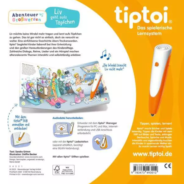 Buchcover mit Text und einer Illustration eines Kindes im Badezimmer und einem orange-weißen Stift.