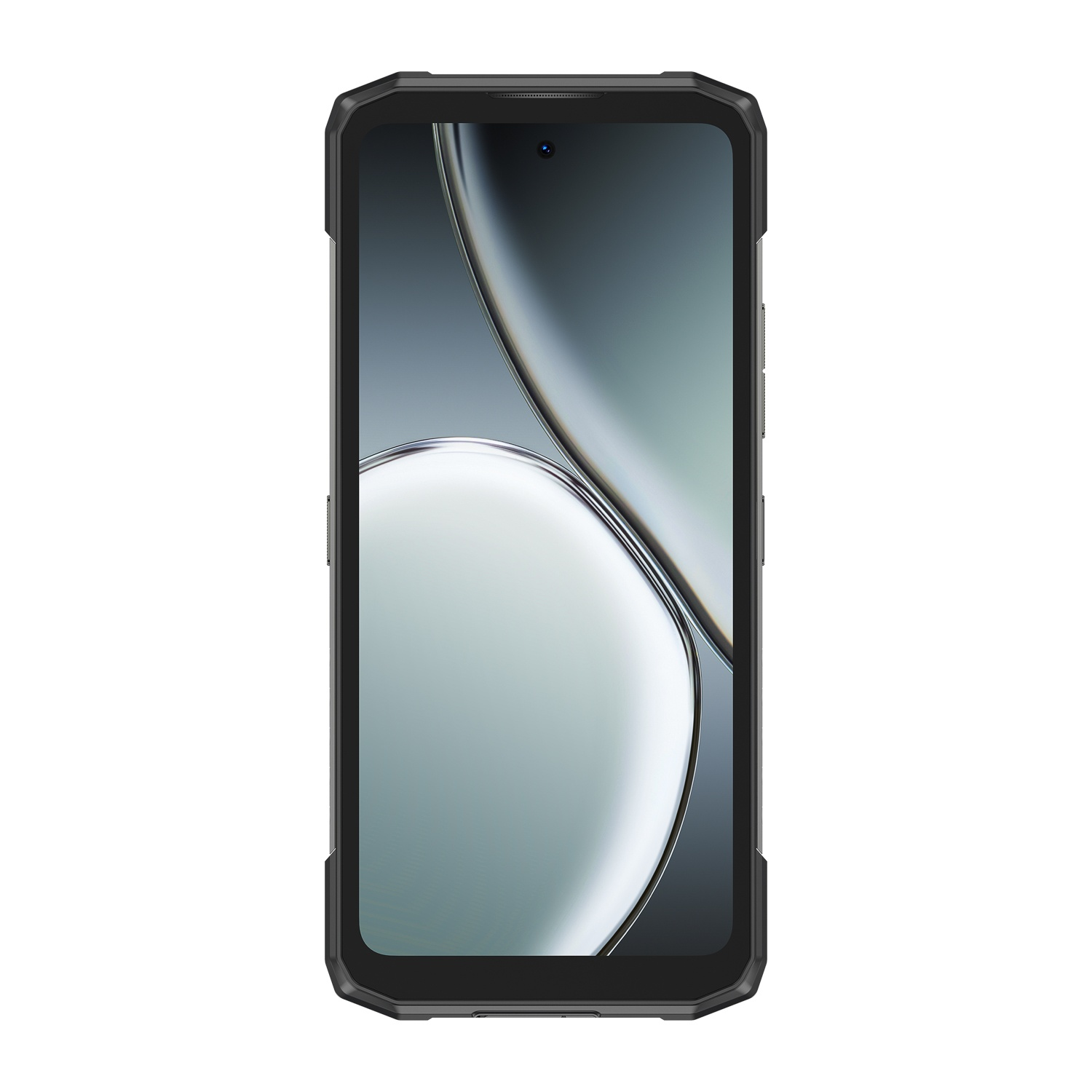 Uno smartphone nero con schermo grande, fotocamera frontale. Lo schermo mostra un design astratto, bianco e grigio.
