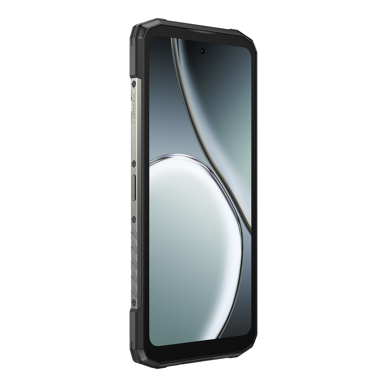 Uno smartphone nero con cornice argentata. Lo schermo mostra un design astratto grigio chiaro e scuro su sfondo bianco.