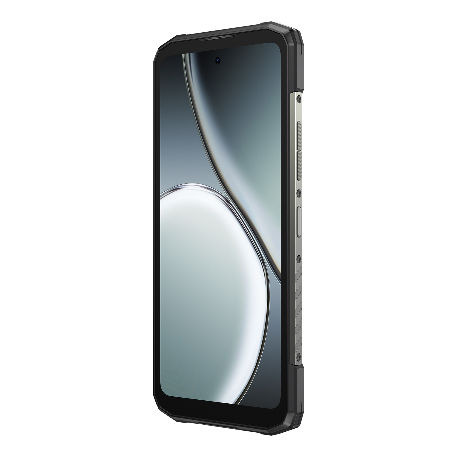Uno smartphone nero è mostrato in prospettiva. Lo schermo mostra un design astratto di colore chiaro. Il telefono ha i pulsanti laterali.