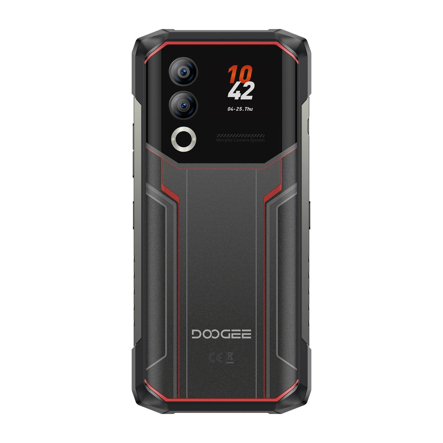 Retro del telefono nero con dettagli rossi. Dispone di doppie fotocamere, display dell'ora e logo Doogee. Design robusto.