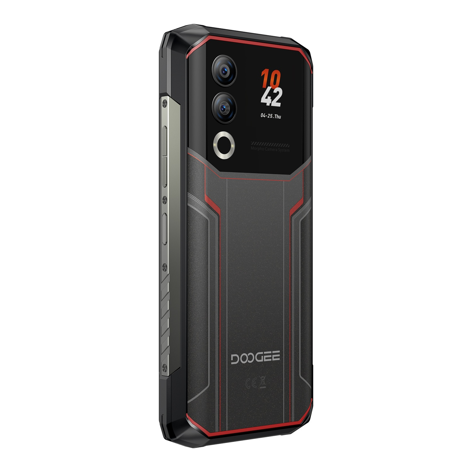 Retro smartphone nero con dettagli rossi. Presenta tre fotocamere, schermo con orario e logo Doogee.