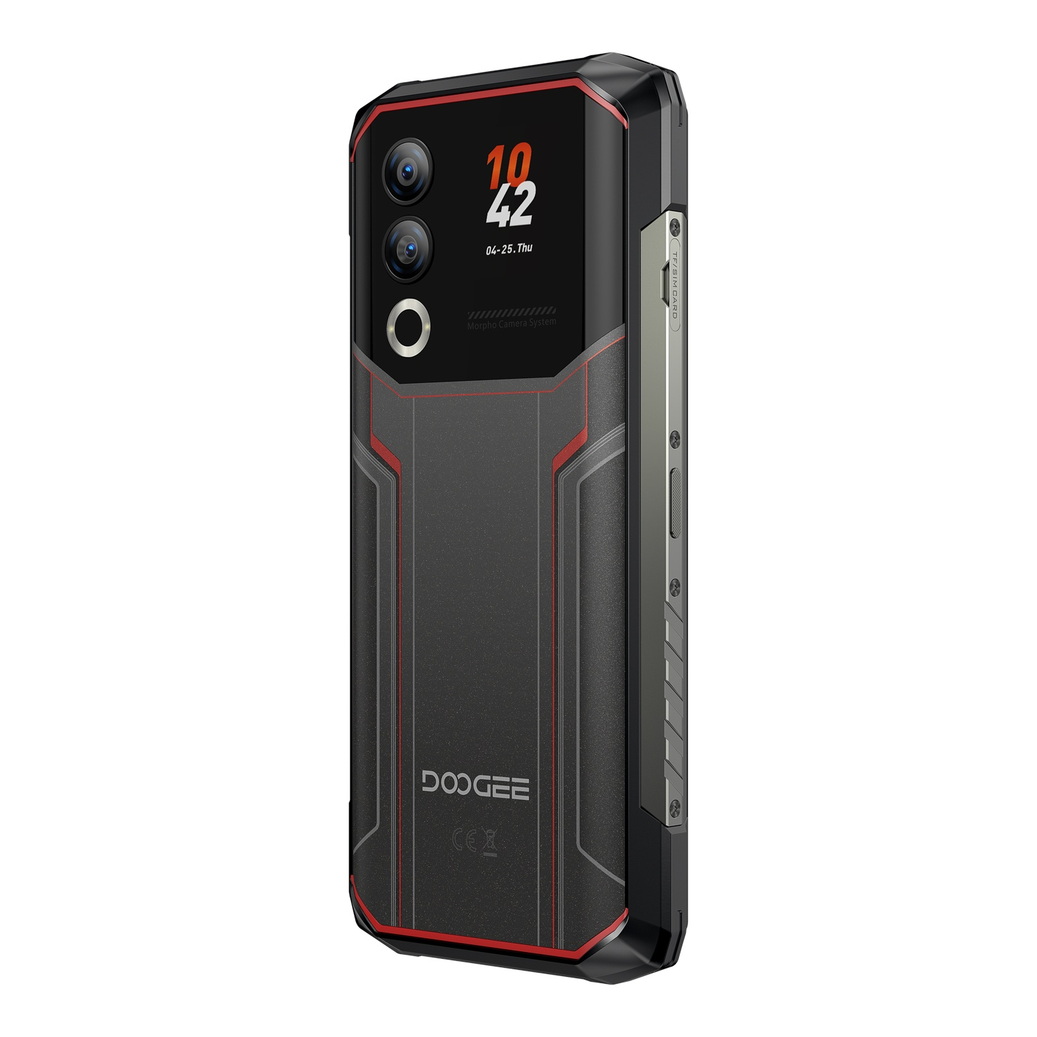 Smartphone nero e rosso. Presenta più fotocamere, l'ora 10:42 e il logo Doogee. Ha un design robusto.