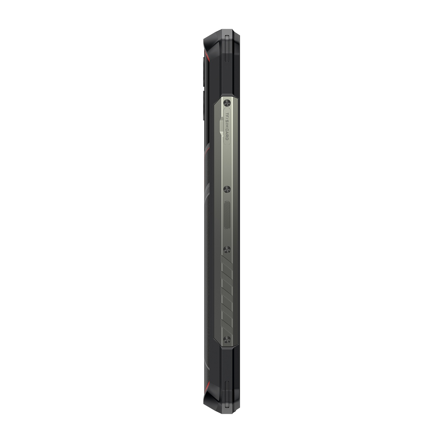 Vista laterale di uno smartphone robusto. È nero e grigio con dettagli rossi. Include pulsanti, slot SIM e design strutturato.