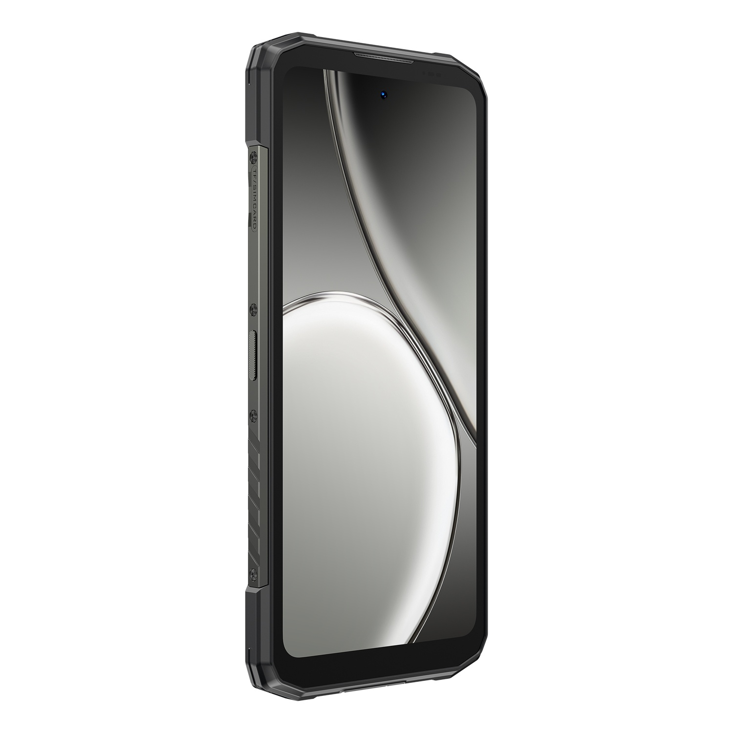 Uno smartphone robusto, cornice nera, schermo con design grigio chiaro. Pulsanti e slot SIM visibili.