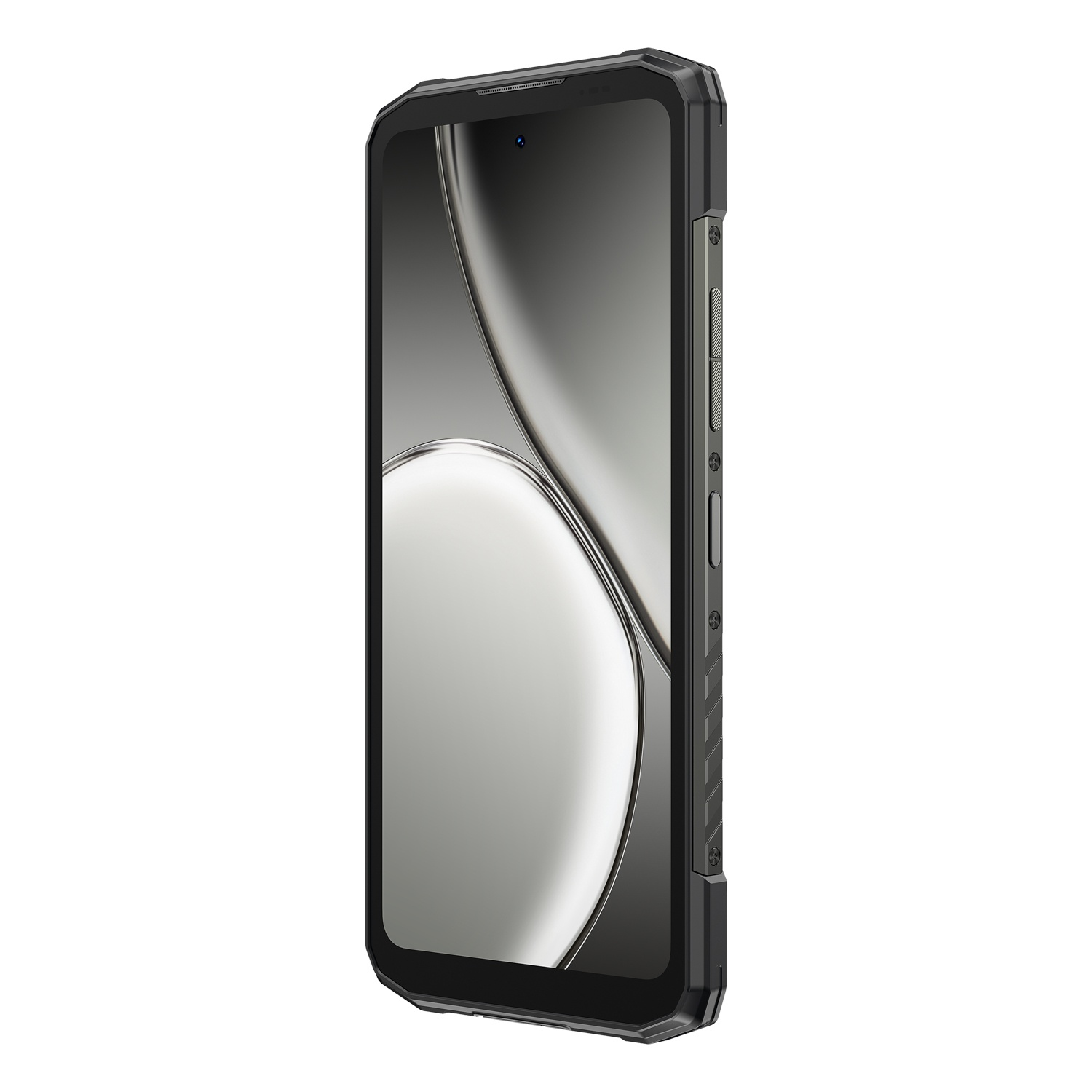 Uno smartphone nero dal design robusto è mostrato su sfondo bianco. Lo schermo mostra un design grigio chiaro.