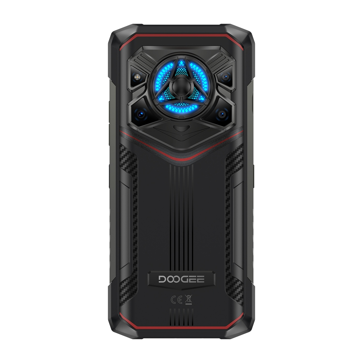 Retro del telefono nero. Presenta un gruppo fotocamere con illuminazione blu, pannelli strutturati e il logo DOOGEE.