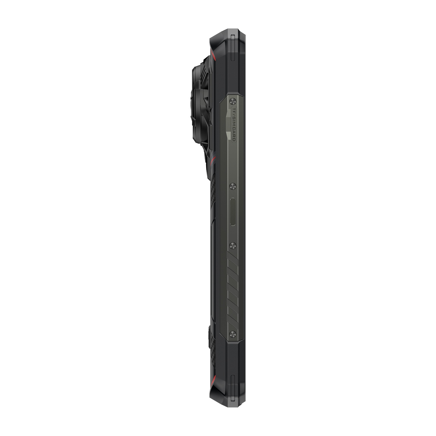 Vista laterale di uno smartphone robusto nero e grigio, che mostra un modulo fotocamera, pulsanti e uno slot per schede SIM, su sfondo bianco.