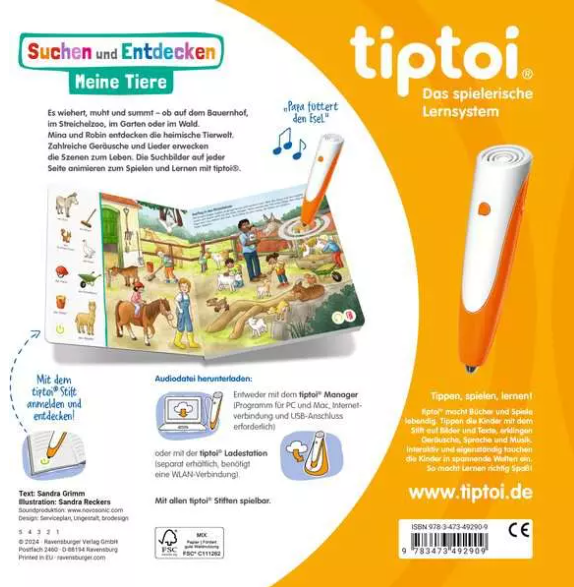 Buchcover mit Bauernhofszene, Stift und deutschem Text. Der Markenname 'tiptoi' ist prominent.