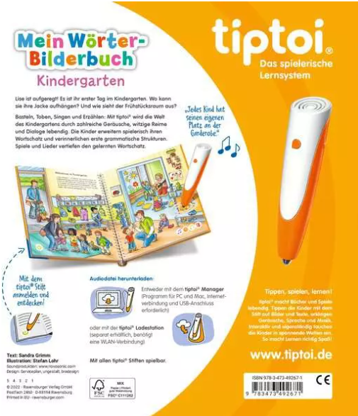 Buchcover mit dem Titel Mein Wörter-Bilderbuch Kindergarten. Ein oranger Stift liegt neben dem Buch. Der Hintergrund ist orange.