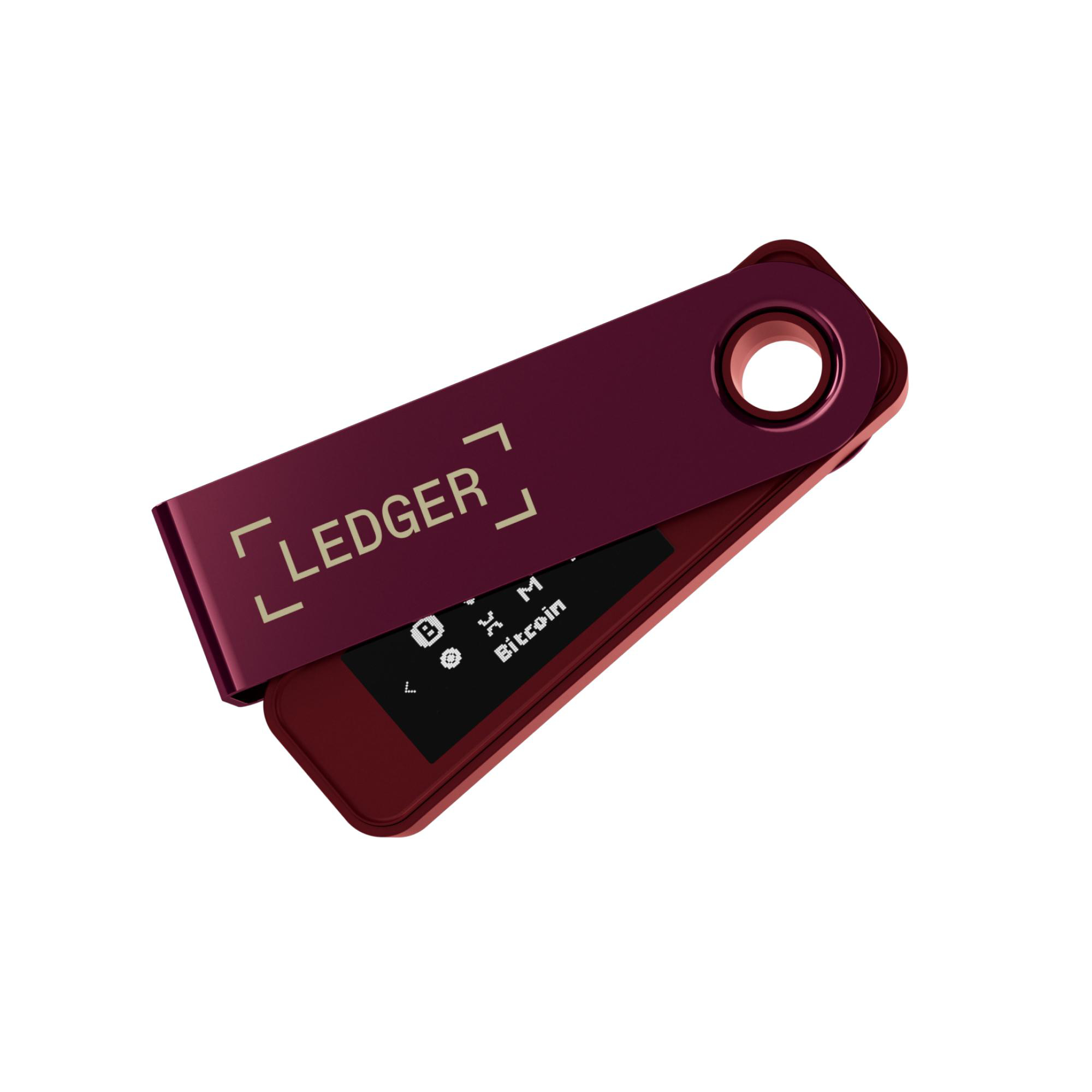 Ein weinrotes Ledger-Wallet ist leicht geöffnet und zeigt einen Bildschirm. Der Hintergrund ist weiß.
