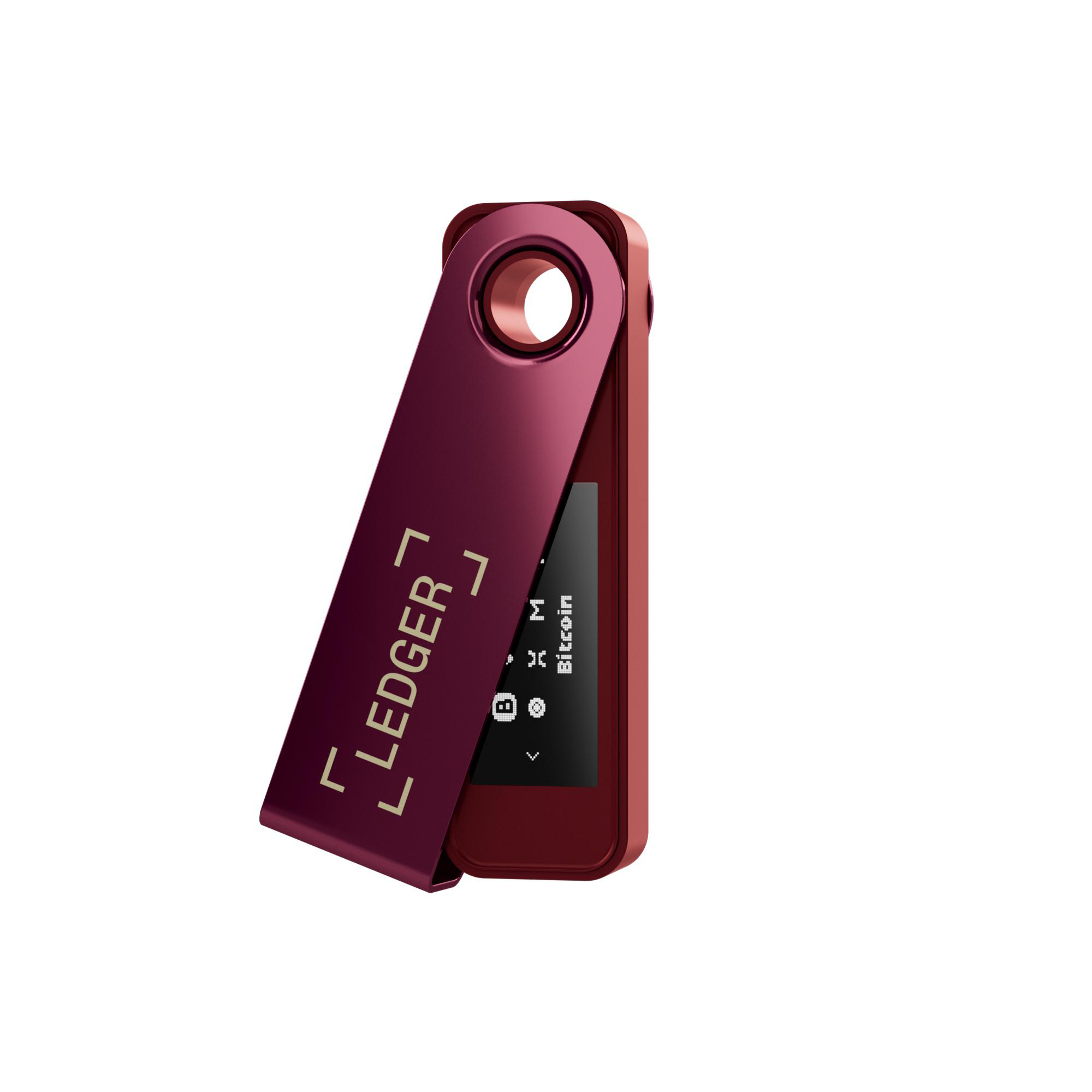 Ein weinrotes Ledger-Hardware-Wallet. Das Ledger-Logo ist sichtbar. Der Bildschirm zeigt Bitcoin-Informationen.