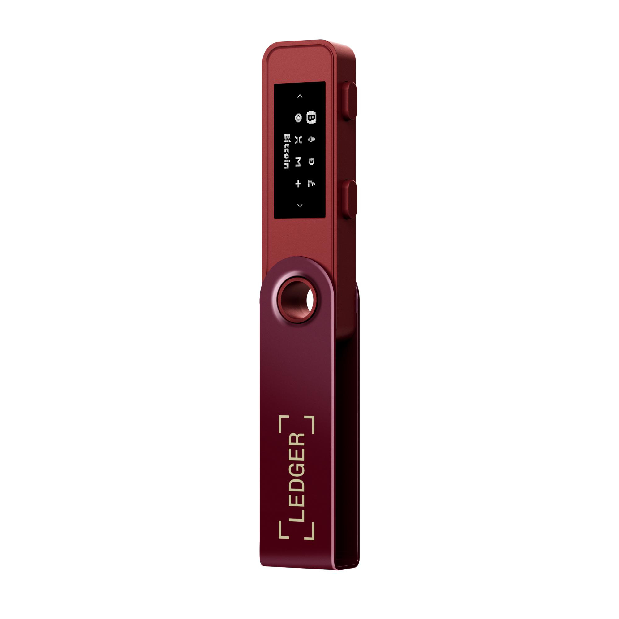 Ein rotes Ledger Nano S Krypto-Hardware-Wallet. Es hat einen Bildschirm und Knöpfe. Das Ledger-Logo ist sichtbar.