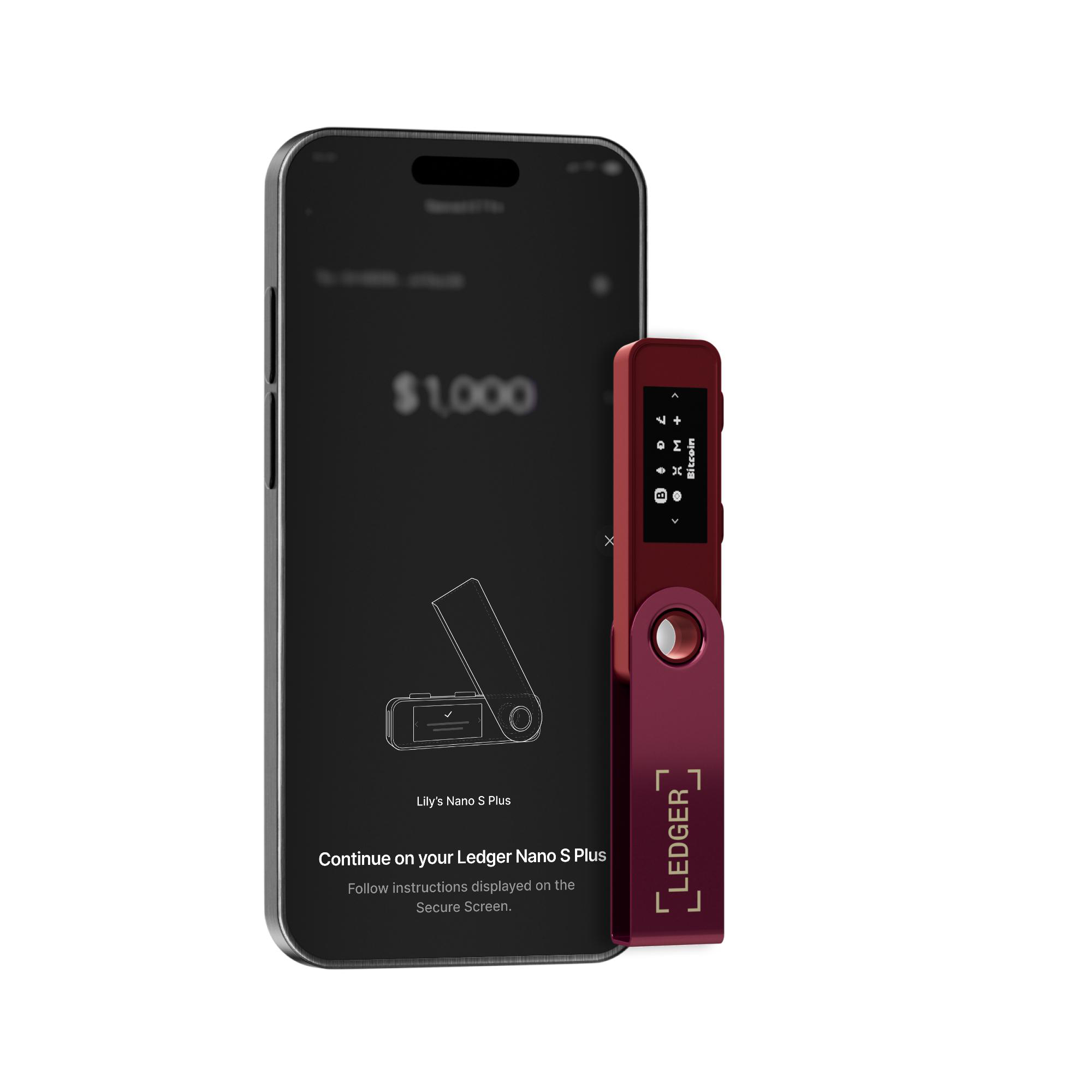 Ein Telefon zeigt 1.000 $ und Anweisungen für ein Ledger Nano S Plus, eine rote Hardware-Wallet, mit Ledger-Branding.