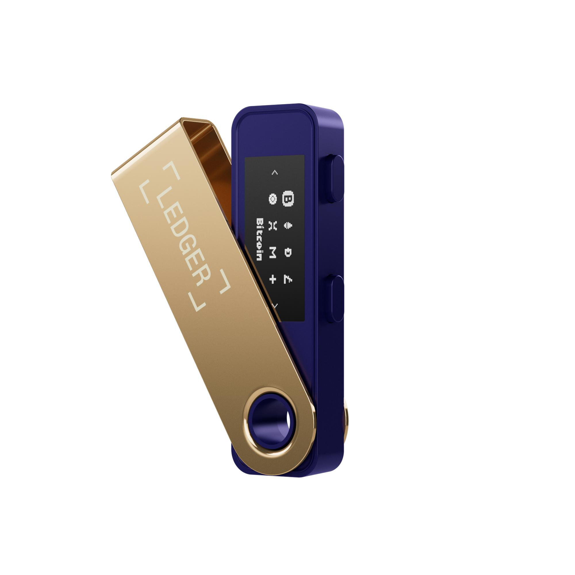 Ein Ledger-Hardware-Wallet. Die goldene Metallabdeckung öffnet sich und gibt ein blaues Gerät mit Bildschirm frei.