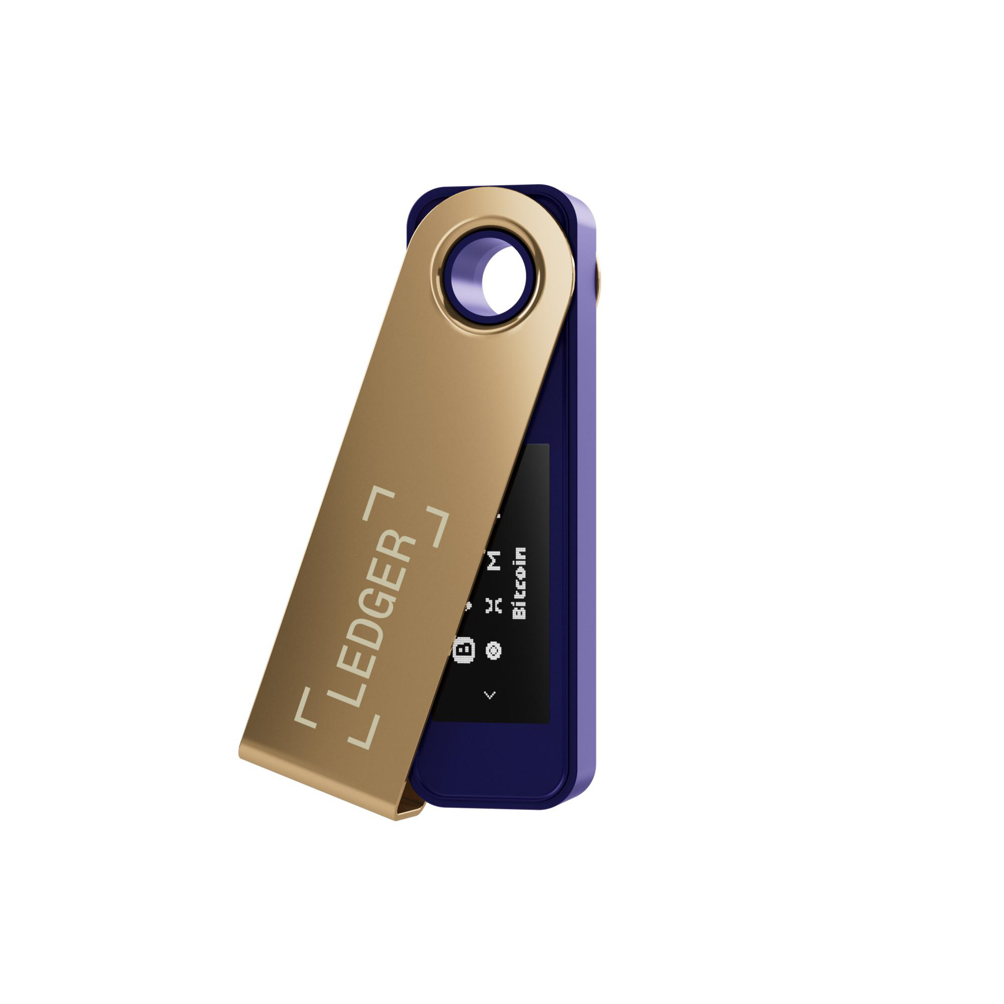 Ein Ledger-Hardware-Wallet. Goldfarbene Metallabdeckung mit 'Ledger'-Logo, blauer Körper und kleiner Bildschirm mit Bitcoin-Infos.