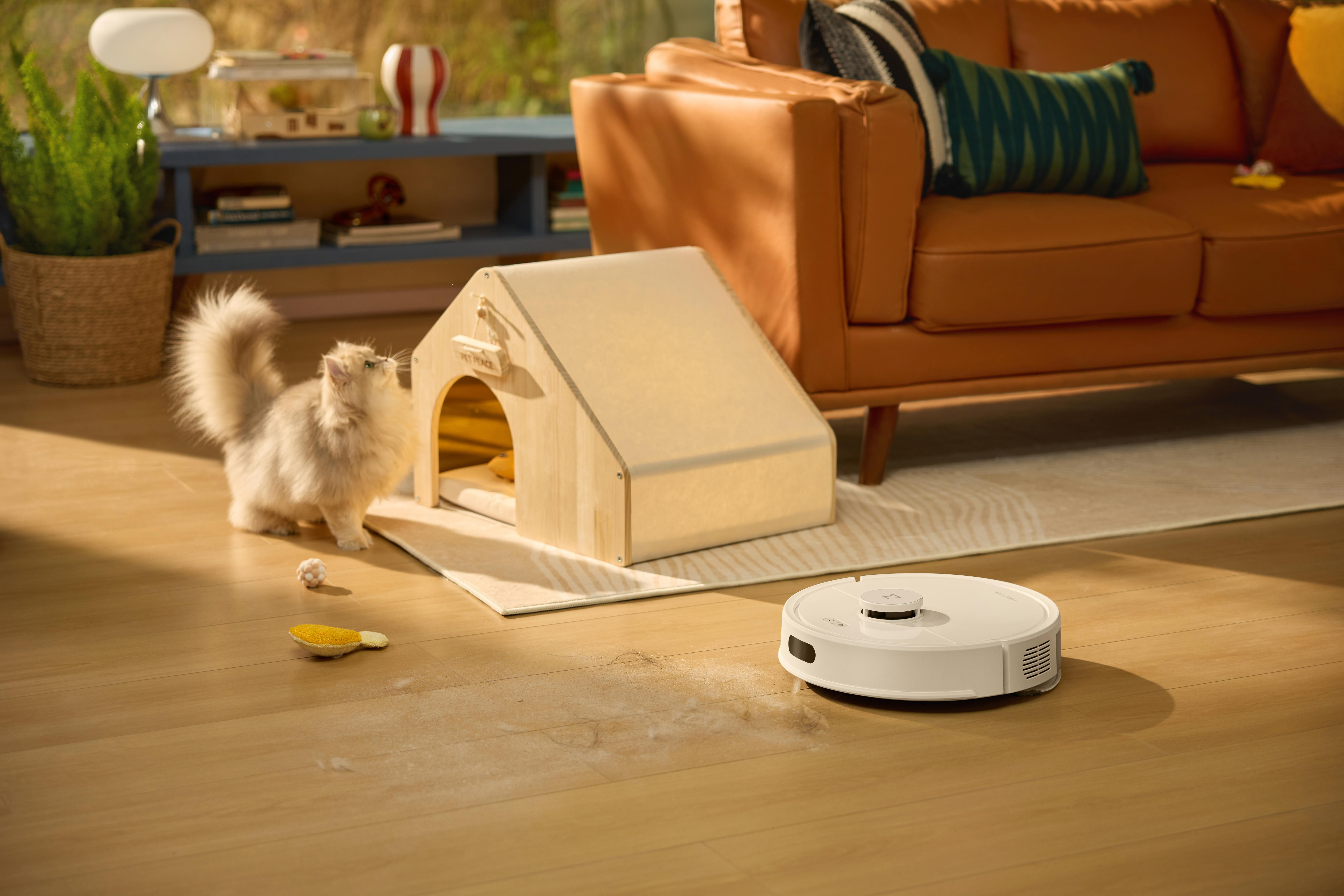 Eine Katze betrachtet ein Spielzeug in der Nähe eines Katzenhauses und eines Roboterstaubsaugers auf einem Holzboden.